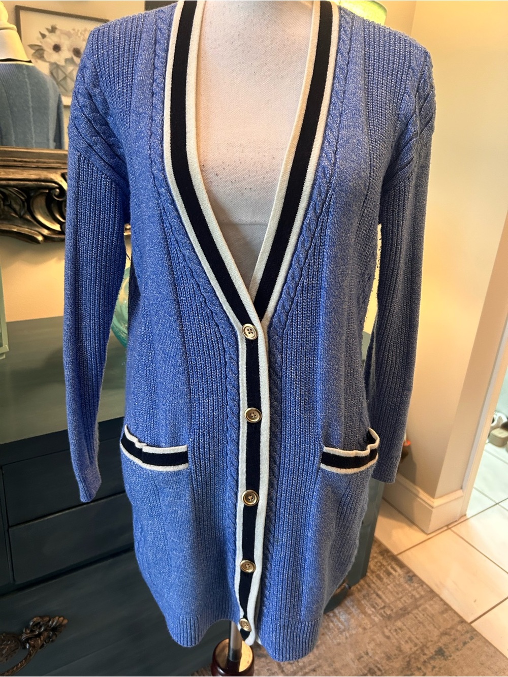 Talbots Iris Blue Cable Knit Tipped Girlfriend Cardigan Sweater Med EUC